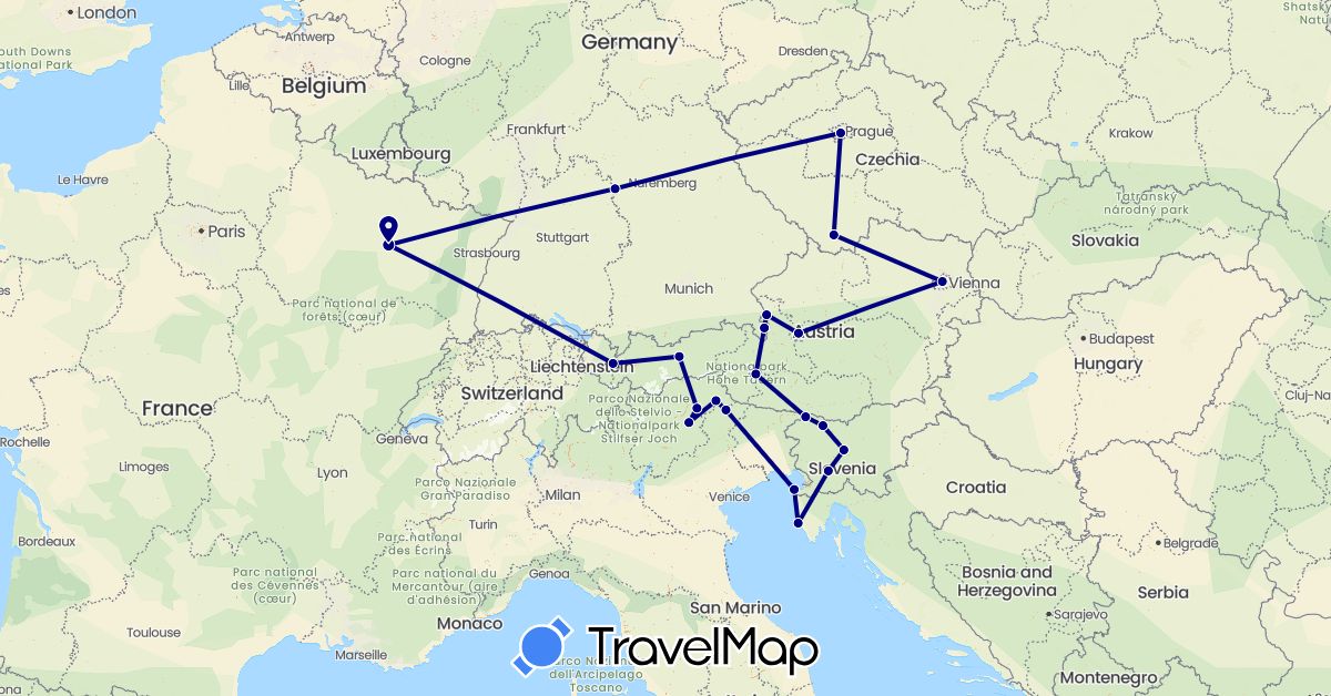 TravelMap itinerary: driving in Austria, Czech Republic, Germany, France, Croatia, Italy, Slovenia (Europe)